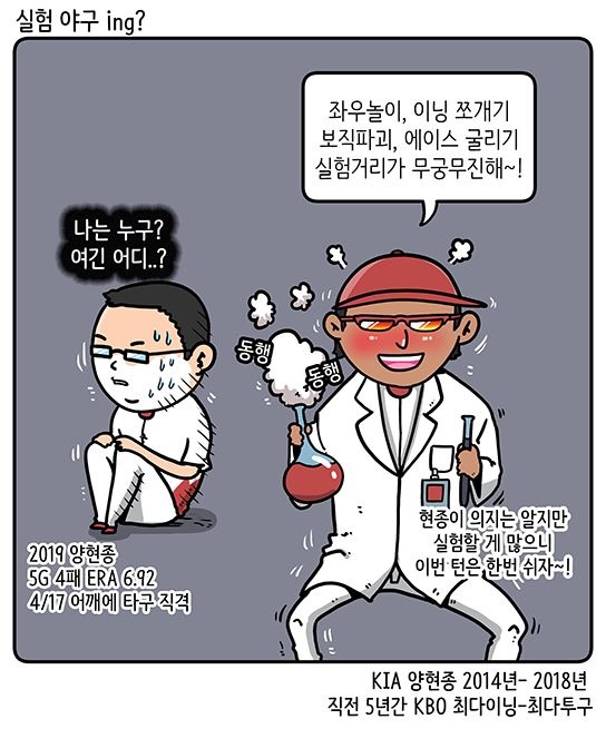  다년간의 혹사로 인해 구위가 떨어진 KIA 에이스 양현종 (출처: KBO야매카툰/엠스플뉴스)