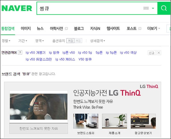 포털사이트 네이버에 한글로 '씽큐'를 검색했을 때 나오는 화면. 수차례 검색해봤으나 엠와이의 씽큐는 찾기가 힘들었다.