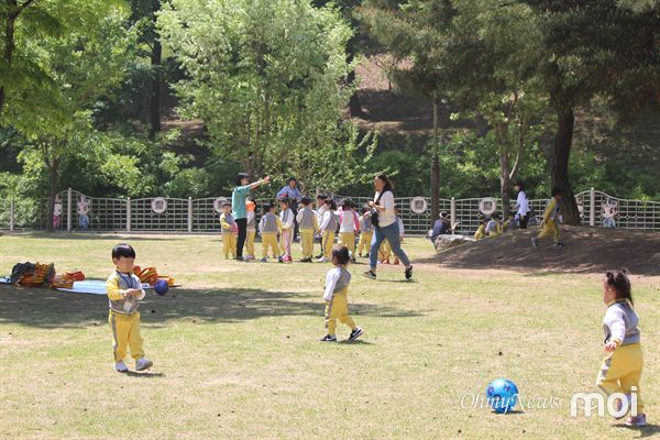 어린 유아들이 경주 흥무공원에서 선생님과 공놀이를 즐기는 모습