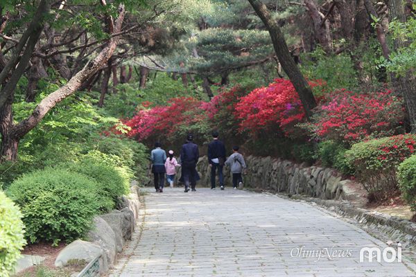  5월 가정의 달을 맞이하여 경주 김유신 장군묘를 구경하고 내려가는 가족들의 모습