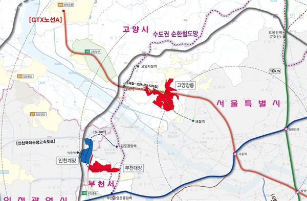 제3기 신도시로 지정된 경기 고양시 창릉동과 부천시 대장동 위치도(빨간색)