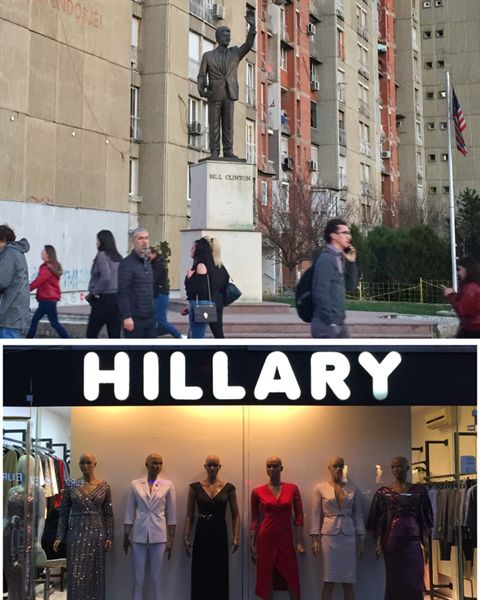 코소보의 클린턴 동상과 그 옆의 힐러리 옷가게.