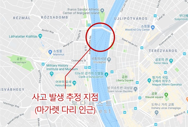 한국인 단체 관광객을 태운 유람선이 침몰한 마가렛다리와 세체니다리 사이의 다뉴브강.