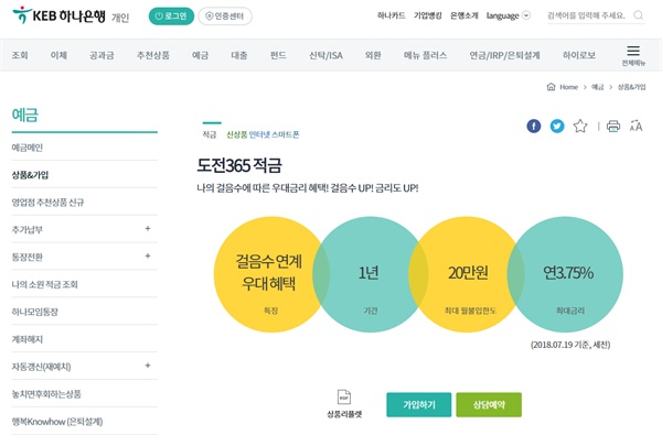 KEB하나은행이 내놓은 '도전365적금'. 걸음수에 따른 금리우대 혜택 등을 제공한다. 