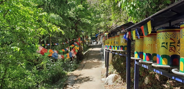 남걀 사원 외부의 '꼬라길.' 오른편에는 '마니차'가 보인다.