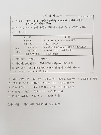  주민들이 도로 편람을 보고 예측한 도로 공사 비용. 주민들은 서부내륙고속도로가 수주를 위해 처음에는 낮은 공사비를 제시했다고 주장하고 있다. 