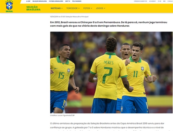 브라질 대표팀 코파 아메리카를 앞둔 브라질이 6월 열린 온두라스와의 평가전서 7-0 대승을 거뒀다. 