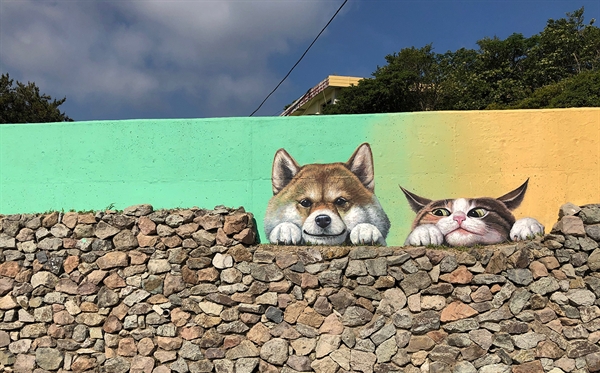 친근한 얼굴로 여행객을 맞이하는 마을벽화 속 강아지와 고양이.