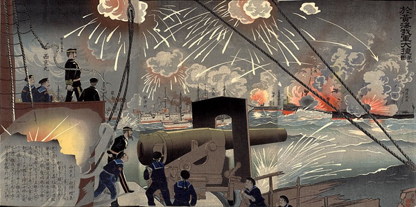  청일전쟁 당시의 서해해전(황해해전)을 묘사한 일본 판화. 
