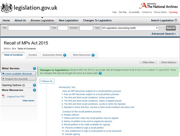 영국 법령 법률 데이터베이스에 올라와 있는 국민소환법(Recall of MPs Act 2015).