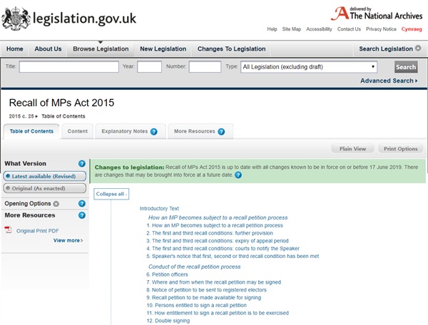  영국 법령 법률 데이터베이스에 올라와 있는 국민소환법(Recall of MPs Act 2015).