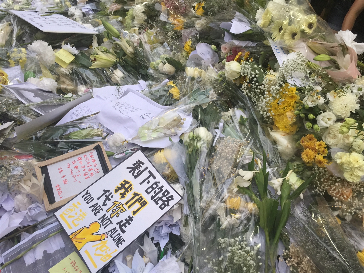 16일 검은옷행진에서 투신 자살한 량링제씨를 추모하는 헌화 꽃 위에 놓여진 포스터 '앞으로 남은 길은 우리가 가겠다. 당신은 혼자가 아니다'