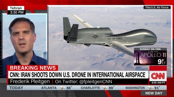 이란의 미군 정찰용 무인기 격추 사건을 보도하는 CNN 뉴스 갈무리.