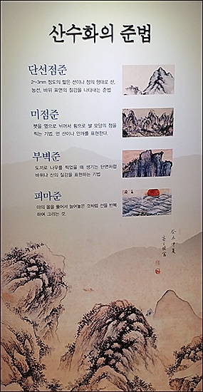 최북의 '일출'은 피마준법으로 그렸음을 알 수 있다. 산수화 기법에 대한 설명
