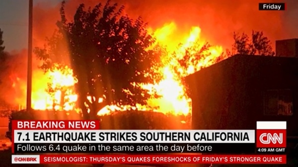 미국 캘리포니아 남부 강진을 보도하는 CNN 뉴스 갈무리.