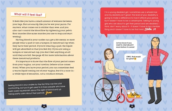 휠체어에 앉아 있는 소녀가 생리에 대한 고민을 친구와 나누고 있다. 해외 도서 'Welcome To Your Period'에 나오는 한 장면. 