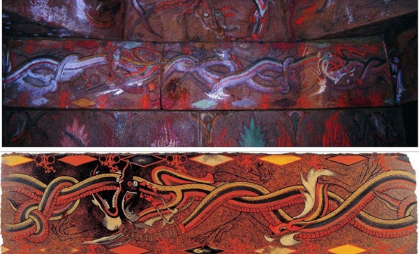 <위> 이종헌 작가가 1990년대 중반에 직접 찍은 중국 집안 5회분 5호묘 벽화 일부. <아래> 중국 집안 오회분 4호묘를 조사하고 일부를 직접 본을 떠서 현대 옻칠 회화로 재해석해 화강암에 그린 「고구려벽화 오회분의 모사화」