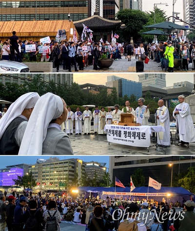 천주교 정의구현전국사제단이 15일 오후 서울 광화문광장에서 '한반도 평화 정착을 위한 월요 미사'를 진행하고 있다(가운데). 월요 미사 앞뒤로 광화문광장 곳곳에서 우리공화당 당원들의 집회가 열렸다.