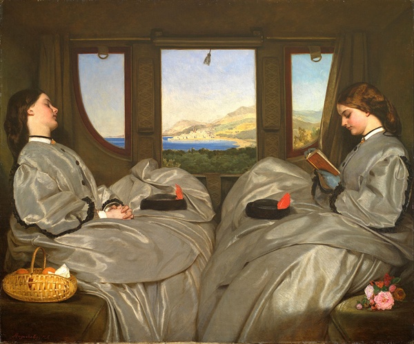 여행 동료(The Traveling Companions) 1862년 아우구스투스 레오폴드 에그(Augustus Leopold Egg)가 그린 작품으로 기차 여행 중에 책 읽는 풍광을 담은 그림이다. 당시 기차는 속도가 느려서 긴 열차 여행의 무료함을 달랠 ‘무언가’가 필요했다. 승객들은 작품 속 여인처럼 잠을 자거나 책이나 신문, 잡지를 읽거나 이야기를 나누며 열차 여행의 지루함을 달랬다. 버밍엄박물관&미술관이 소장한 작품. 