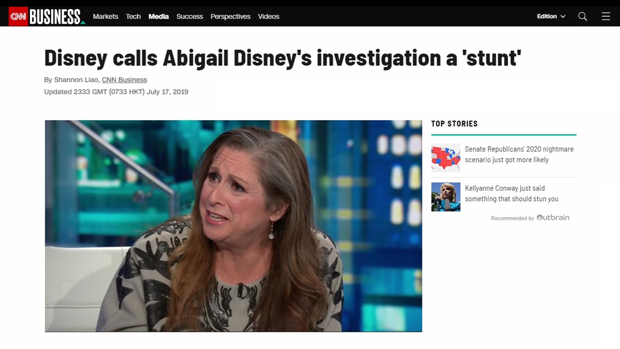  디즈니 상속녀 애비게일 디즈니의 인터뷰를 보도하는 CNN 뉴스 갈무리.