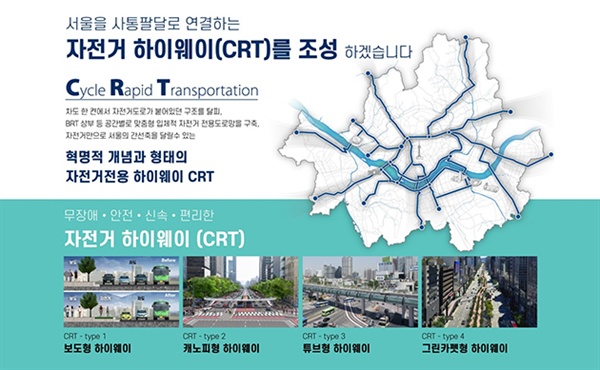 서울시는 서울을 사통발달로 연결하는 ‘자전거 하이웨이(Cycle Rapid Transportation·CRT)’ 구축에 나선다고 15일 밝혔다