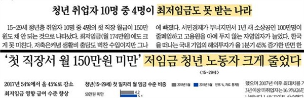 △ 저임금 청년 노동자 관련 통계 다룬 조선일보와 경향신문