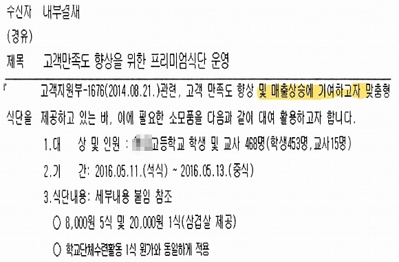 한국청소년활동진흥원측은 학교의 요청에 따라 추가 비용을 받고 일부 메뉴를 달리 제공한 바 있으며 이는 매출 증대를 위한 것이 아니라 고객서비스 제고 차원에서 제공한 것이라 밝혔으나, 진흥원 내부 문건을 보면 매출 상승을 위해 프리미엄 식단을 운영했던 적이 있었음이 확인된다. 