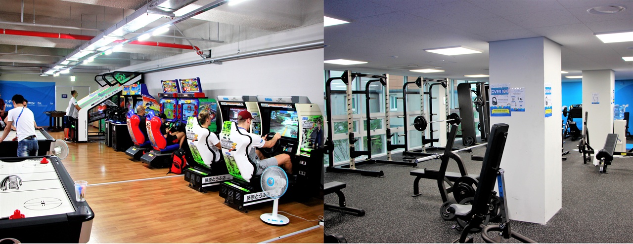  선수들이 스트레스를 푸는 플레이룸에서 오락실 게임을 즐기고 있다(왼쪽). 선수들이 체력을 관리하는 피트니스 룸의 모습(오른쪽)
