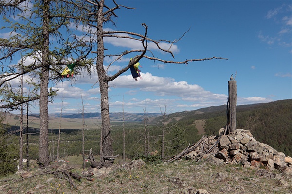 몽골 어디를 가나 볼 수 있는 오보 인근 낙엽송 가지에 하닥이 걸려있다. 