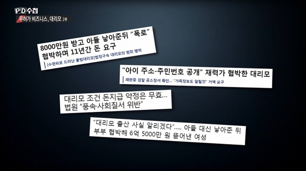  2019년 8월 6일 방송된 MBC < PD수첩 > '무허가 비즈니스, 대리모' 편 2부 중 한 장면