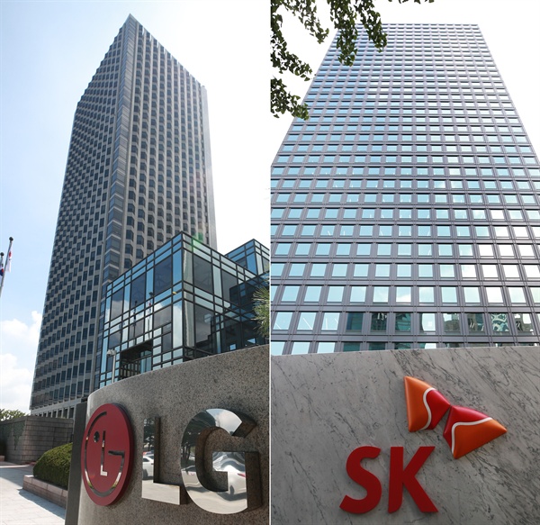 서울 영등포구 여의도동 LG화학 본사가 위치한 LG 트윈타워(왼쪽 사진)와 종로구 서린동 SK 이노베이션 본사가 위치한SK빌딩(오른쪽 사진).
