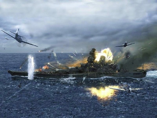 공격을 받아 침몰하는 전함 야마토