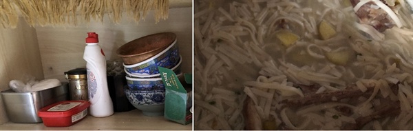           몽골 게르 안 찬장에 놓인 고추장(사진 왼쪽 빨강 통)과 양고기를 넣어서 끓인 칼국수입니다.