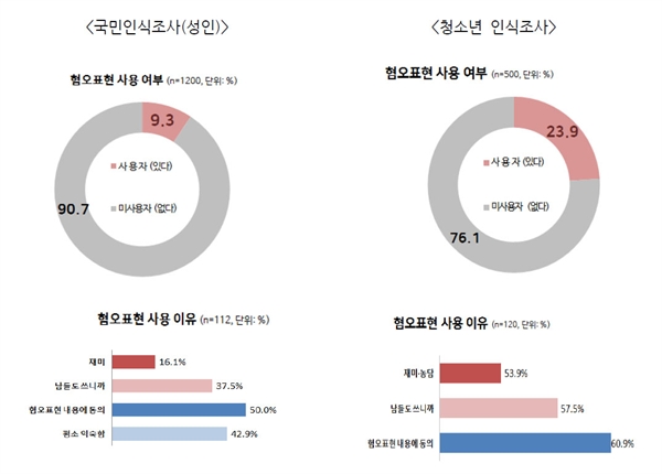 국가인권위원회에서 실시한 혐오표현 국민인식, 청소년인식 조사 결과, 성인 10명 가운데 1명, 청소년 4명 가운데 1명은 혐오표현을 직접 사용한 적이 있는 것으로 나타났다. 특히 청소년은 “혐오표현 내용에 동의해서 쓴다”는 응답이 60%에 달했고, “남들도 쓰니까”, “재미·농담”이란 응답도 절반을 넘었다.