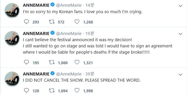 홀리데이랜드 페스티벌에서의 공연이 취소되자, 앤 마리는 곧바로 트위터에 자신의 입장을 적어 올렸다. 