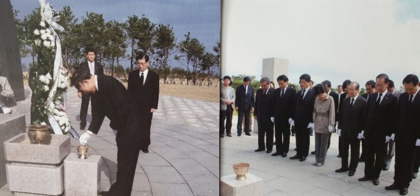 (왼쪽) 2007년 3월 2일, 이명박 대통령 후보가 4·3평화공원을 방문 헌화하는 모습. (오른쪽) 2012년 8월 1일, 박근혜 대통령 후보가 4·3평화공원을 방문해 단체로 헌화한 후 묵념하는 모습. <전시 도록에서>