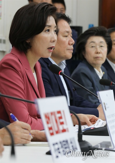 나경원 자유한국당 원내대표가 2일 오후 서울 여의도 국회에서 열린 긴급 기자간담회에서 발언하고 있다.