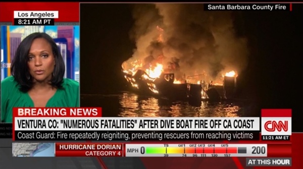 미국 캘리포니아주 해상에서 발생한 선박 화재 사고를 보도하는 CNN 뉴스 갈무리.