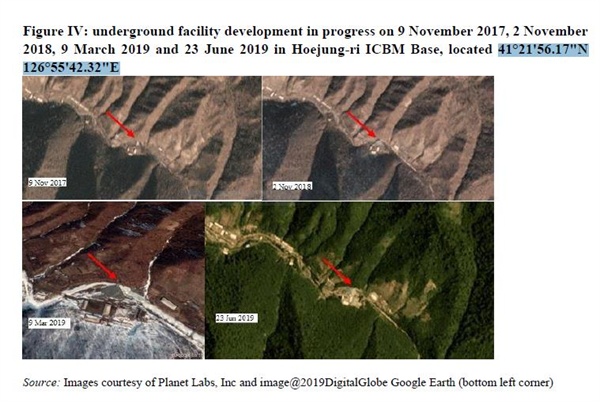  (뉴욕=연합뉴스) 북한이 2017년 말 이후 핵실험과 대륙간탄도미사일(ICBM) 시험 발사를 중단하고 있음에도 불구하고 핵·미사일 프로그램 개선(enhance) 작업을 지속하고 있다고 유엔이 지적했다. 또 북한이 해상에서 선박 간 불법 환적을 통해 정제유나 석탄을 밀거래하는 등 제재 회피 행위를 지속하고 있으며, 전 세계 금융기관과 가상화폐거래소 등에 대한 사이버 해킹으로 최대 20억달러(약 2조4천억원)를 탈취했다는 평가도 나왔다.
사진은 북한 회정리 ICBM 미사일기지. 2019.9.6 [유엔 대북제재위 보고서 캡처=연합뉴스.재배포 및 DB 금지]