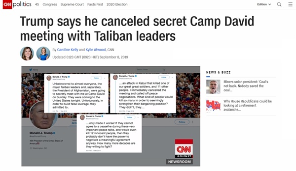 도널드 트럼프 미국 대통령의 탈레반 평화협상 중단 선언을 보도하는 CNN 뉴스 갈무리.