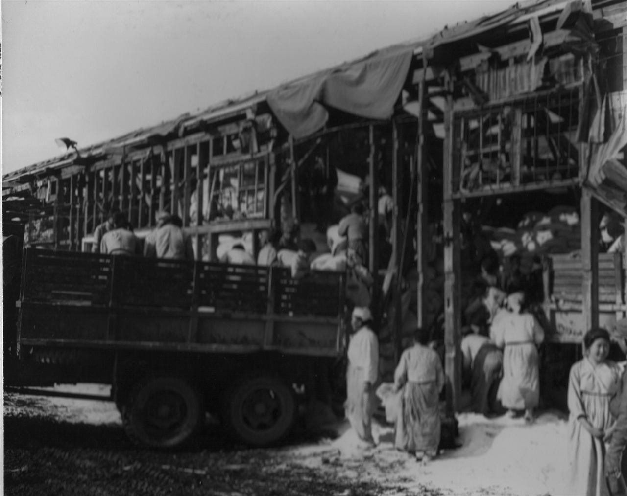 흥남, 유엔군들이 철수작전으로 창고의 양곡을 옮기고자 트럭에 싣고 있다(1950. 12. 13.).