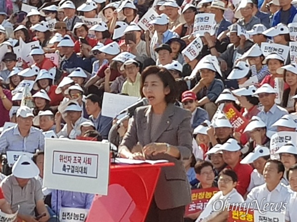 자유한국당이 15일 오후 서울 여의도 국회 앞 계단에서 '추석 민심 보고 대회 위선자 조국 사퇴촉구 결의 대회'를 열었다.