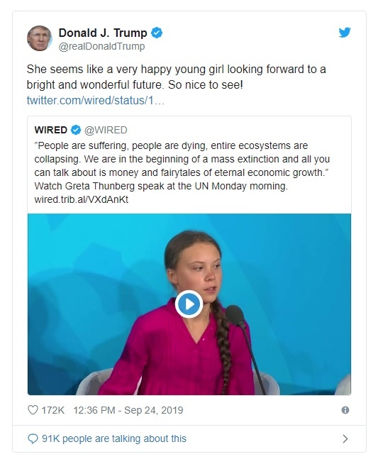 유엔 총회에서 세계 정상들의 기후변화 대처를 촉구한 스웨덴 청소년 환경운동가 그레타 툰베리를 조롱한 도널드 트럼프 미국 대통령 트위터 갈무리.