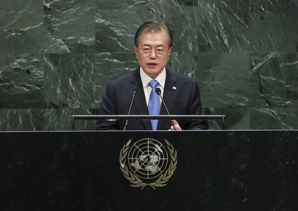 문재인 대통령이 2019년 9월 24일 오후(현지시간) 뉴욕 유엔 총회장에서 기조연설을 하고 있다.
