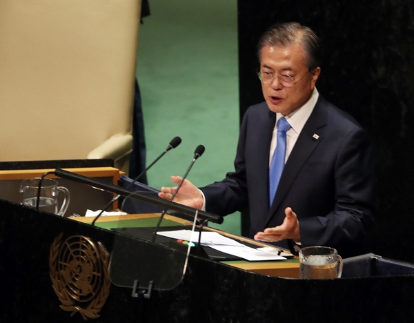 문재인 대통령이 2019년 9월 24일 오후(현지시각) 뉴욕 유엔 총회장에서 기조연설을 하고 있다.
