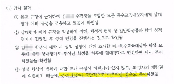 성신여대가 진행한 '나경원 원내대표 딸에 대한 재학중 성적 특혜' 관련 감사 보고서. 