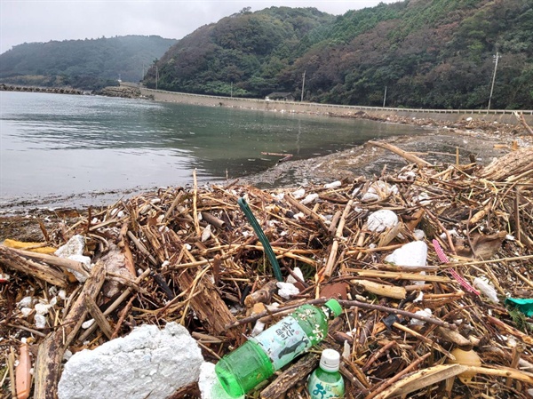 대마도 사고만 해안가에 쌓인 쓰레기들로  한반도에서 배출했을 것으로 추정되는 플라스틱 소주병