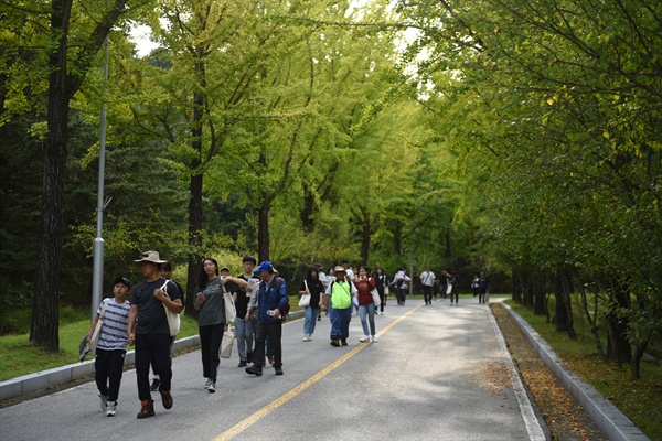 ‘제2회 이야기가 있는 현충원 평화둘레길 걷기’ 행사가 6일 오후 2시부터 5시까지 대전현충원에서 진행되었다. 현충원을 걷고 있는 참가자들.