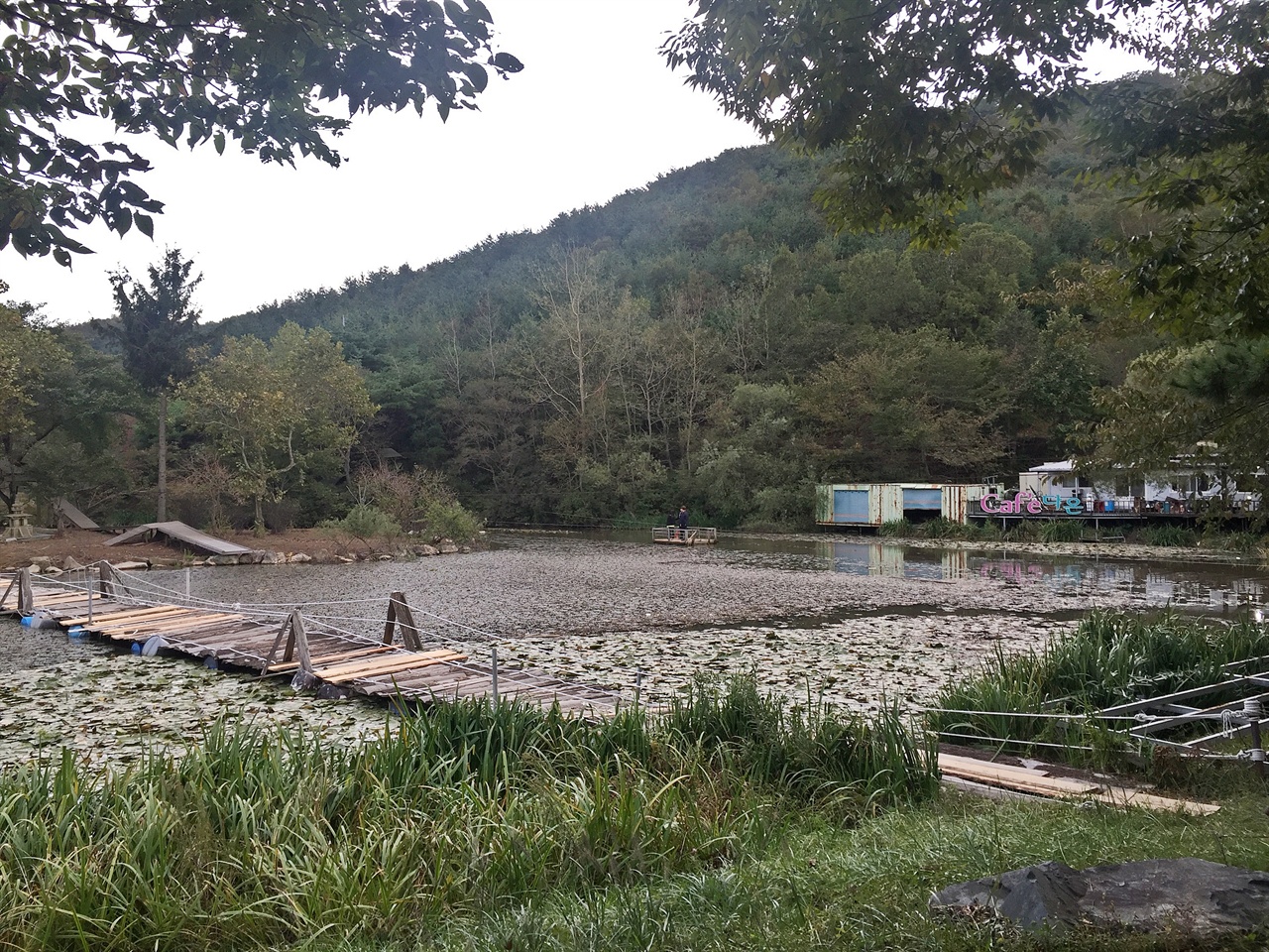 경주 화랑의 언덕 맞은편에 있는 연못 부교와 뗏목체험장 모습