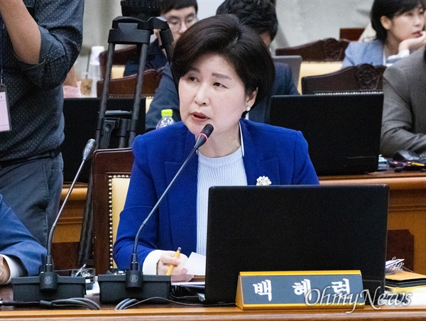 더불어민주당 백혜련 의원이 지난 달 17일 오후 서울 서초구 대검찰청에서 열린 법사위 국정감사에서 질의를 하고 있다. 